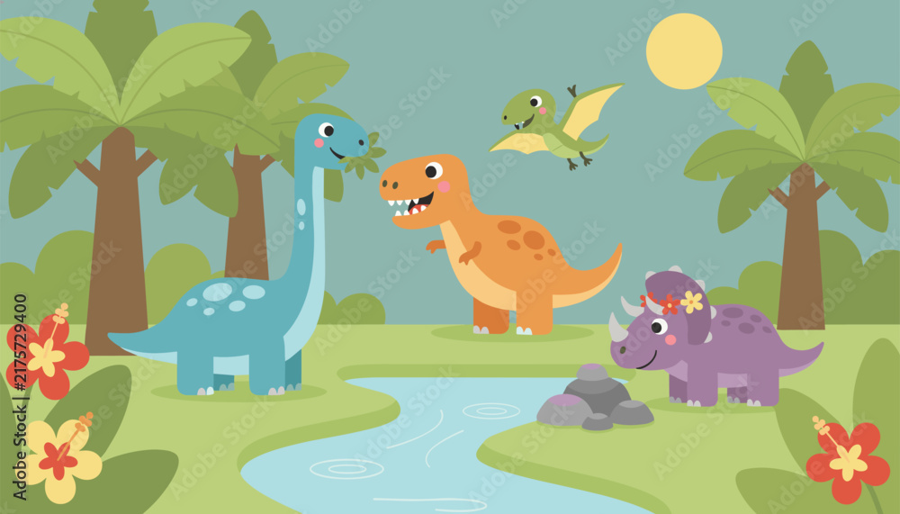 Fototapeta premium Cute cartoon dinosaurs including a long neck, T-Rex, Triceratops, and Pterodactyl in a colorful prehistoric jungle.