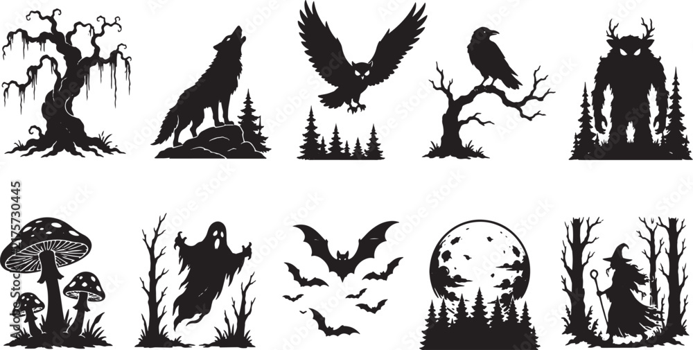 Naklejka premium Gothic Halloween Forest Silhouette Collection with Haunted Tree, Howling Wolf, Flying Owl, Raven, Monster, Mushrooms, Ghost, Bats and Witch