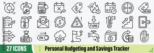 Personal Budgeting and Savings Tracking Minimal Outline Icon Set: 30 Financial Management, Money Saving, Budget Planning, Expense Tracking and Financial Goal Icons.