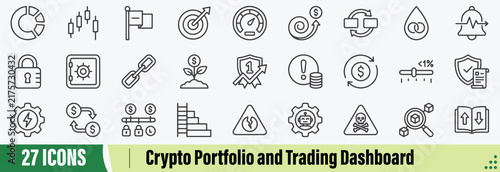 Crypto portfolio analytics and trading dashboard line icon set: including portfolio allocation donut breakdown, candlestick trend reversal marker, stop-loss trigger flag, and more.