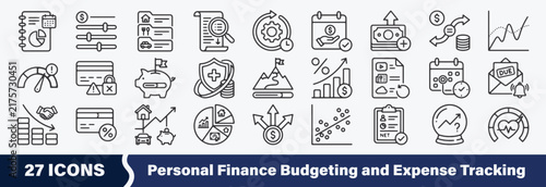 Personal Budget Management and Expense Tracking Line Icons Set: Including Personal Budget Planning, Monthly Budget Allocation, Expense Categorization, Expense Tracking, Recurring Expense, and More.