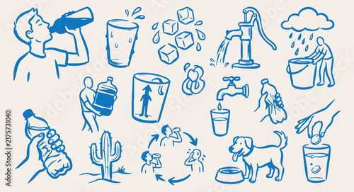 clean water drinking supply line vector pattern, water utility tap illustration background, drawn water bottle ice doodle graphic set, fresh water dispenser outline seamless texture, water conservatio
