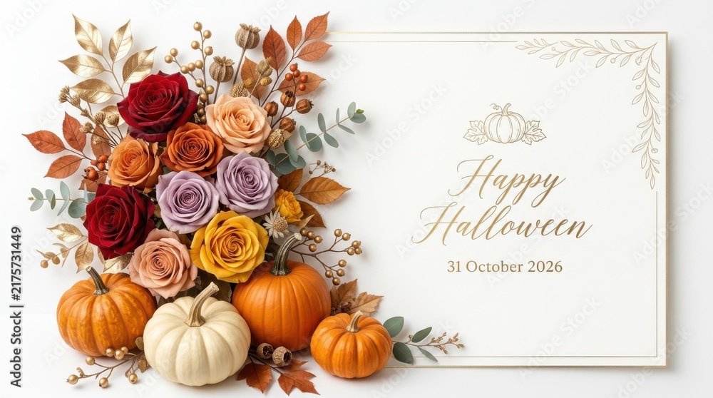 Fototapeta premium Happy halloween greeting card with pumpkins and autumn flower bouquet isolated on transparent background
