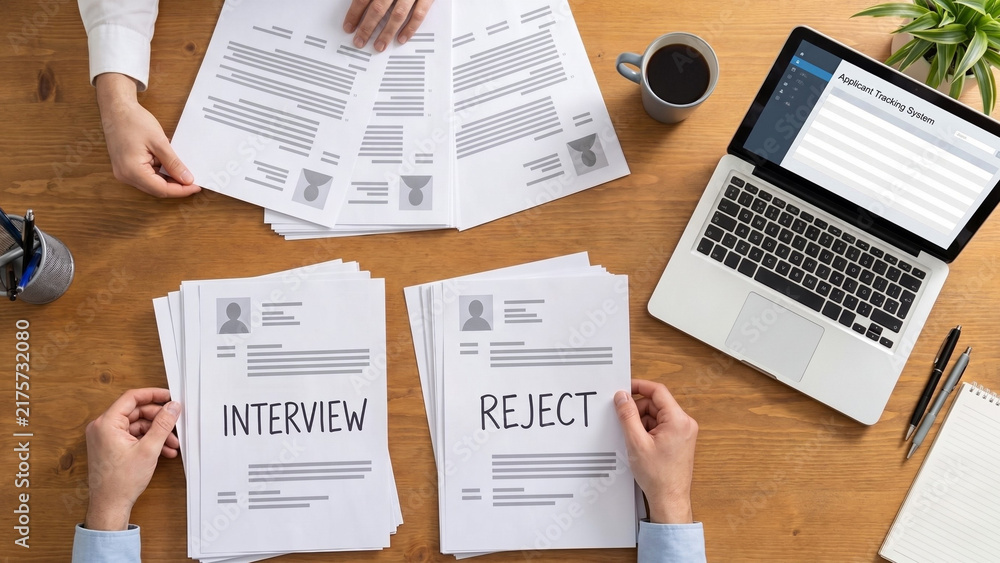 Fototapeta premium Recruiters sorting resumes into interview and reject piles, representing hiring process and candidate selection for job recruitment