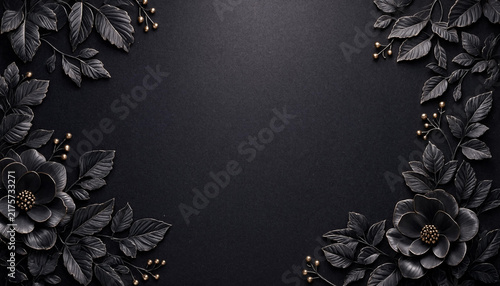 Elegant dark floral frame with black flowers and golden berries on textured black background