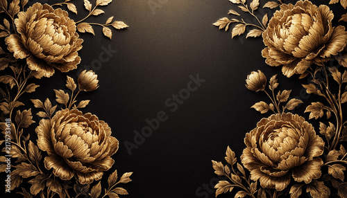 Elegant golden floral frame with blooming peonies on a dark black background