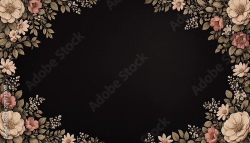 Vintage floral frame with pink and beige flowers on a black background