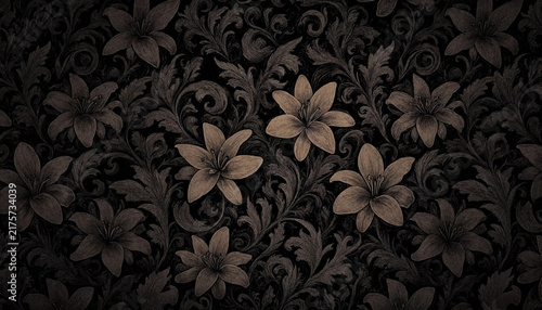 Vintage floral damask pattern with lilies on a dark background
