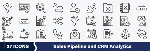 Sales Pipeline and CRM Analytics Line Icons Set: Including Sales Pipeline, CRM Dashboard, Lead Generation, Lead Tracking, Qualified Lead, Lead Scoring, Prospect Profile, Customer Profile, and More.