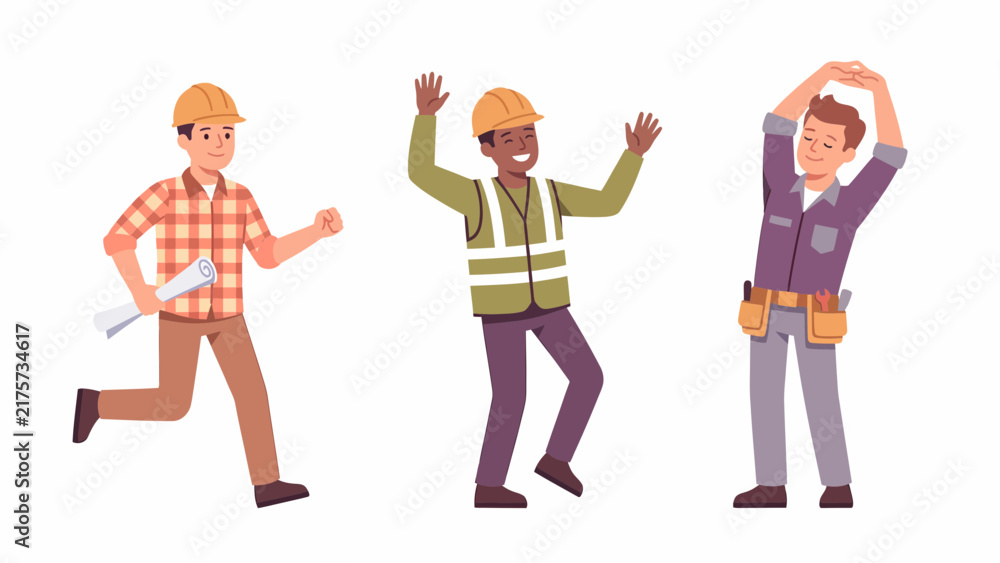 Obraz premium Three construction workers in hard hats are depicted in a stylized illustration, showing different actions and expressions.