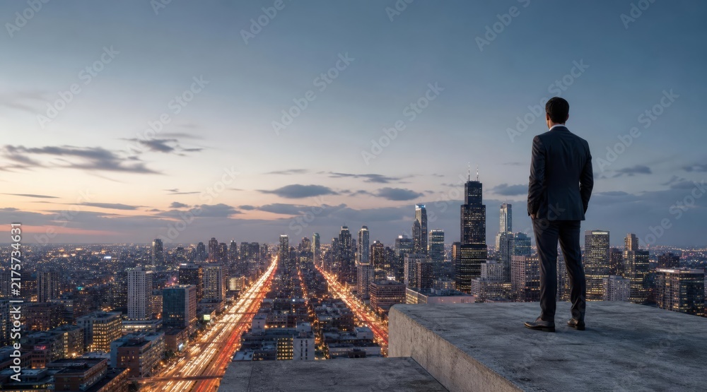 Fototapeta premium Rooftop cityscape view with evening traffic light streaks