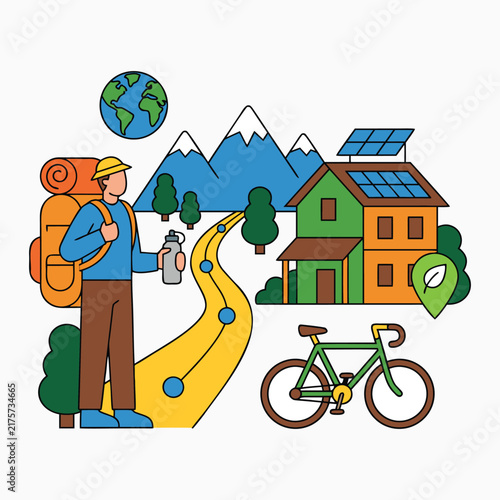 Sustainable Eco Travel Concept with Traveler Mountains and Green Tourism Elements.