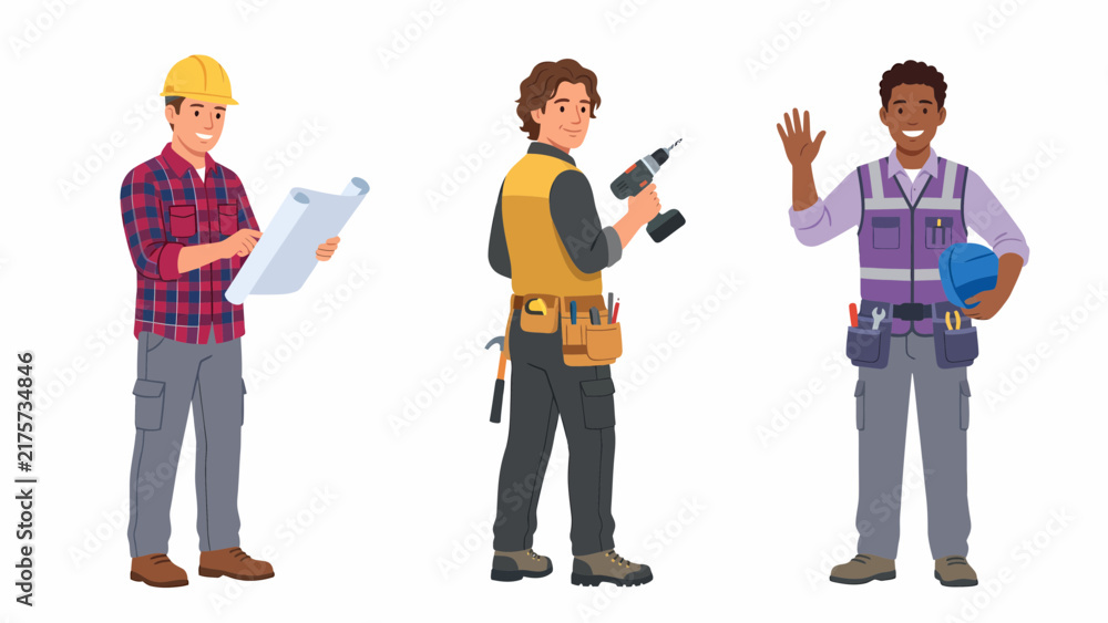 Obraz premium Three construction workers standing together, one holding blueprints, another with a drill, and the third waving hello.