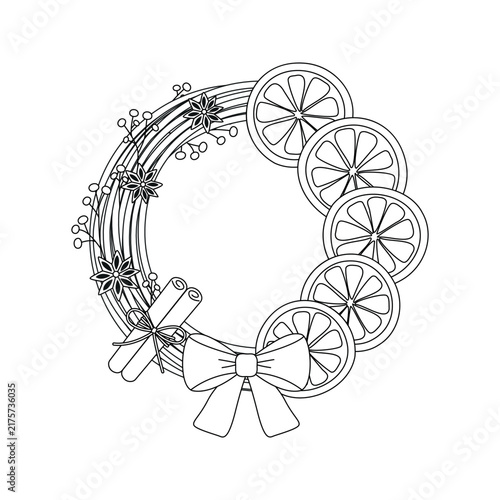 Festive citrus wreath with star flowers, berries, cinnamon sticks and large bow, drawn in clean minimal outline style for holiday coloring pages and seasonal projects, isolated on white background.