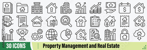 Property Management and Real Estate Analytics Outline Icons Set: Vector Pictograms of Property Dashboard, Real Estate Listing, Property Portfolio, Apartment Building, Residential Property, and More.
