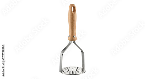 Photography Stainless steel potato masher with natural wooden handle