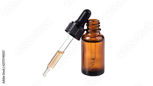 Amber glass dropper bottle with cosmetic serum oil isolated on transparent background