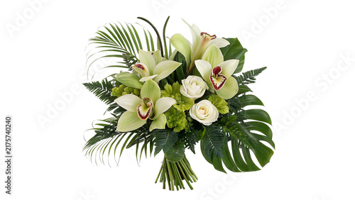 Elegant tropical table flower arrangement with green palm leaves isolated on transparent background