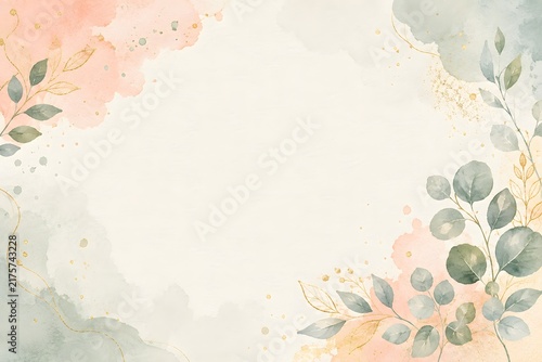 Pastel watercolor botanical frame with elegant gold accents