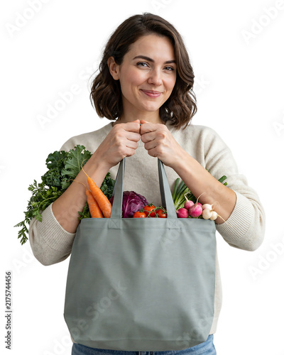 Smiling young woman holding a reusable shopping tote bag filled with fresh vegetables shopping vegetables nutrition radishes portrait caucasian lifestyle sustainable reusable environment