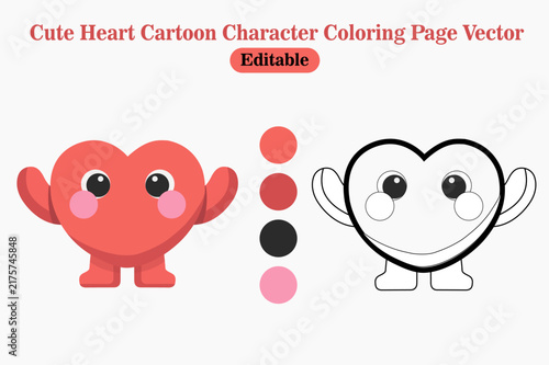 Cute Heart Cartoon Character Coloring Page Vector. Editable Love Illustration.