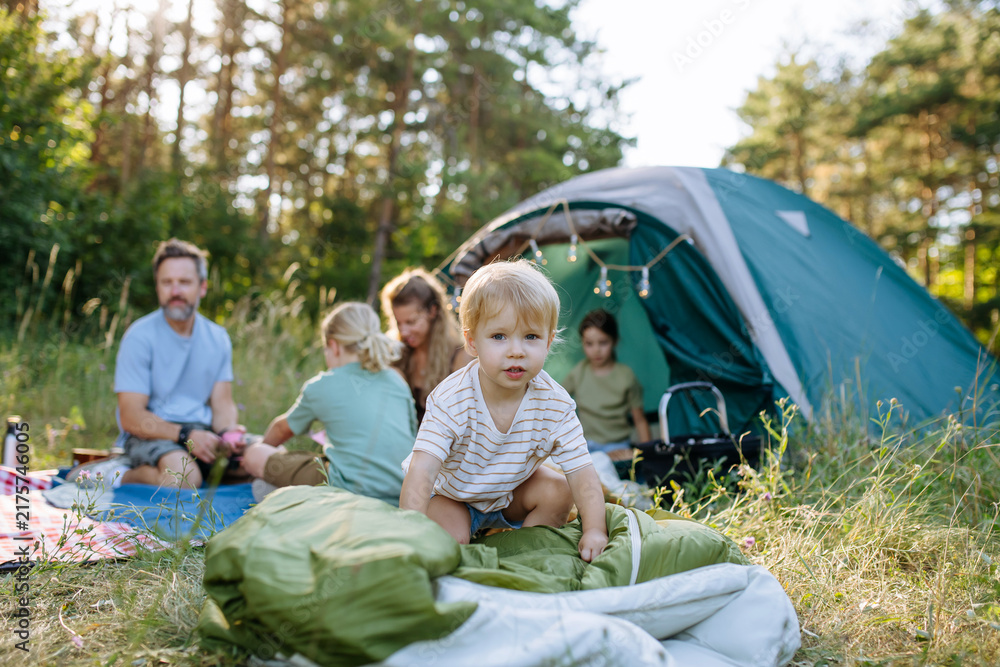 Naklejka premium Happy family spending time together during summer camping trip.