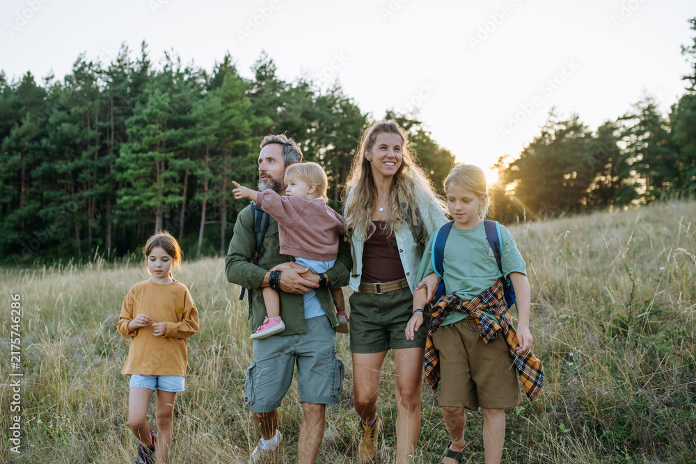 Naklejka premium Family hiking together through countryside during summer camping trip.