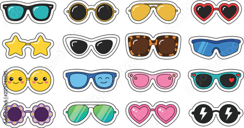 Colorful summer sunglasses sticker collection featuring various trendy shapes and lens designs for beach fashion layouts.