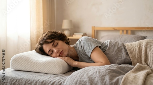 A woman sleeps peacefully on a bed. She is lying on her side with her head resting on a memory foam pillow.