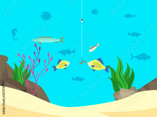 Underwater Fish Eating Bait Fishing Scene Vector Illustration