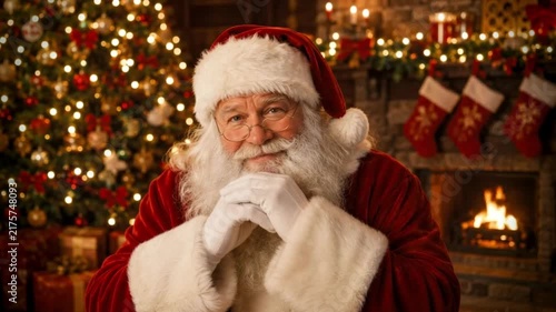 Santa Claus Portrait Smiling by Christmas Tree and Fireplace, Cozy Holiday Home Interior Close Up