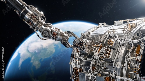 Robotic arm manipulating a complex space station module orbiting Earth