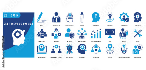 self development icon set of pencil, businessman,
logical thinking, person, competence, solution,
competency, soft skills, team leader, abilities, self development, integrity, multitasking