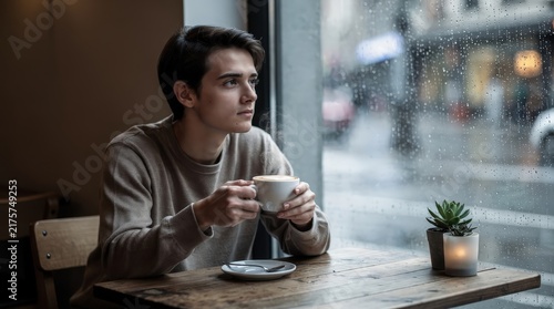 Thoughtful Young Man Sipping Coffee in Cozy Cafe on Rainy Day, Soft Natural Light Streaming Through Window, Small Succulent on Wooden Table, Muted Urban Backdrop, Capturing Quiet Reflection and