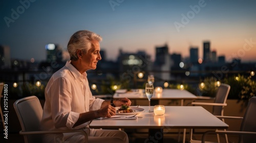 Elegant Senior Man Dining Alone on Rooftop Terrace at Sunset, Soft Ambient Lighting, City Skyline in Background, Warm Candlelight on Table, Capturing Solitude and Reflection