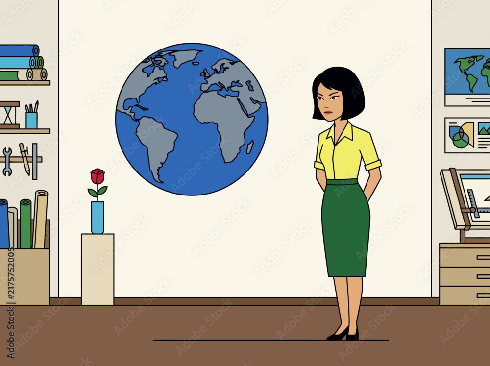 Fototapeta premium Cartoon Illustration of a Professional Woman in an Office with a World Globe