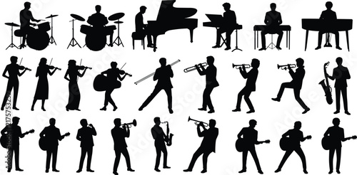 Canvas Print A large collection of black silhouettes featuring musicians playing various inst