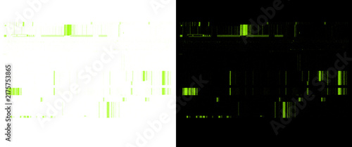 Abstract digital glitch texture, green data stream on black and white background, cyber security and coding concept