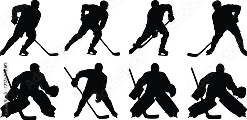 Canvas Print Set of eight black silhouettes showing ice hockey players in various action pose