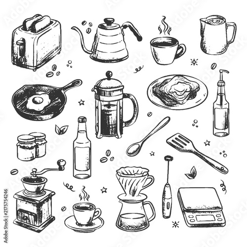 Hand Drawn Coffee And Breakfast Elements Set Art