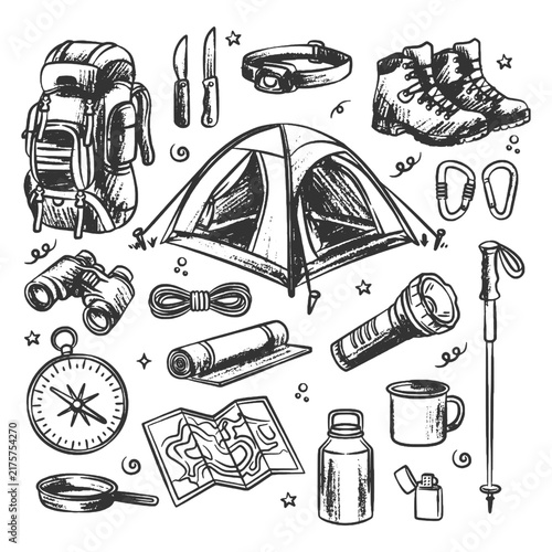 Hand Drawn Camping Gear And Hiking Equipment Illustration