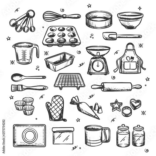 Hand Drawn Baking Utensils Kitchenware Collection Vector