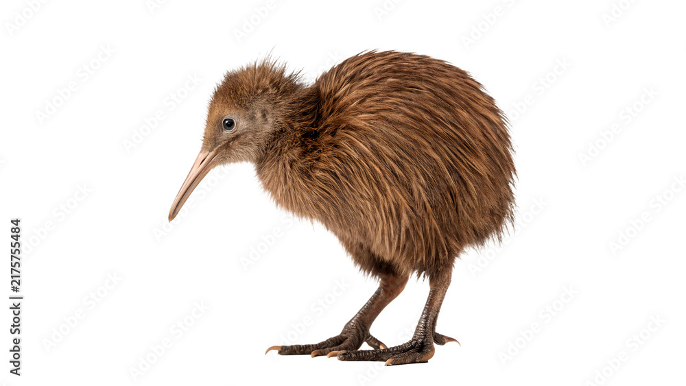 Fototapeta premium Fluffy brown kiwi bird native new zealand wildlife isolated on transparent background for education and nature.