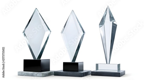 Crystal glass trophy awards white background glass crystal award blank trophy white background Set of 3D glass trophies isolated on white background background rhombus shape winner awards 