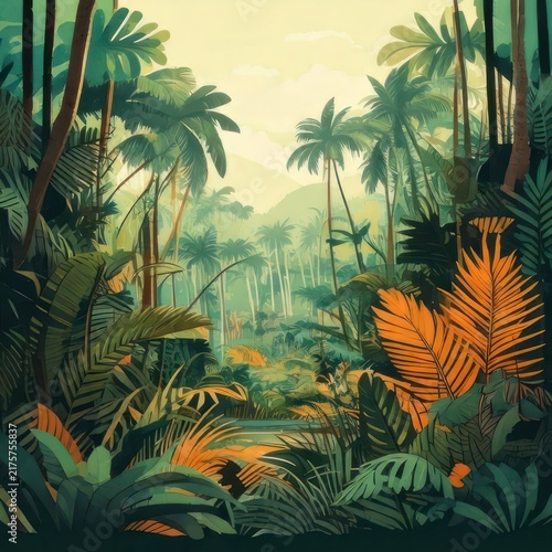 Vibrant tropical jungle with palm trees.
