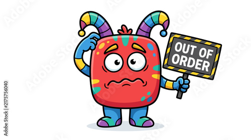 Confused monster, out of order sign, cartoon creature