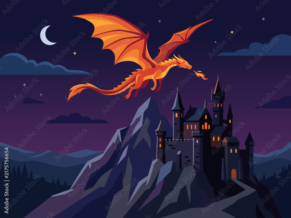 Obraz premium striking cartoon illustration majestic dragon flying dark castle mountain whimsical storytelling majestic enchanting