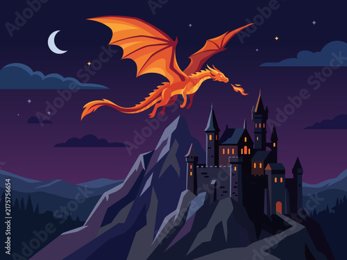 striking cartoon illustration majestic dragon flying dark castle mountain whimsical storytelling majestic enchanting