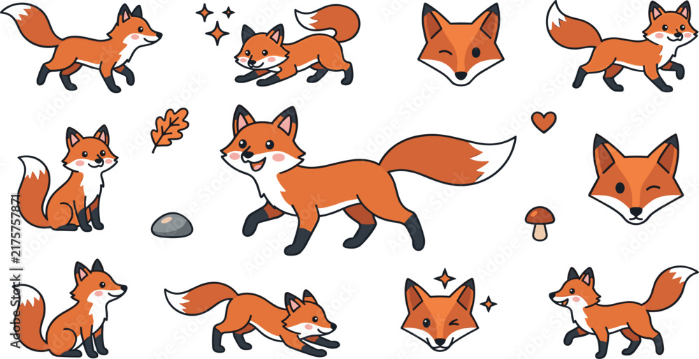 Obraz premium Cute Red Fox Character Icon Set with Various Poses Faces Expressions and Forest Elements for Children Book and Autumn Graphic Designs