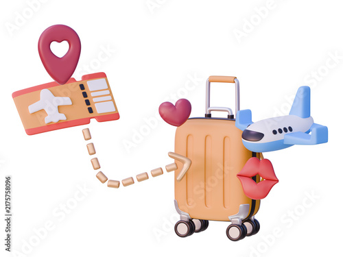 3D Romantic Travel Luggage Suitcase Airplane Flight Ticket Render